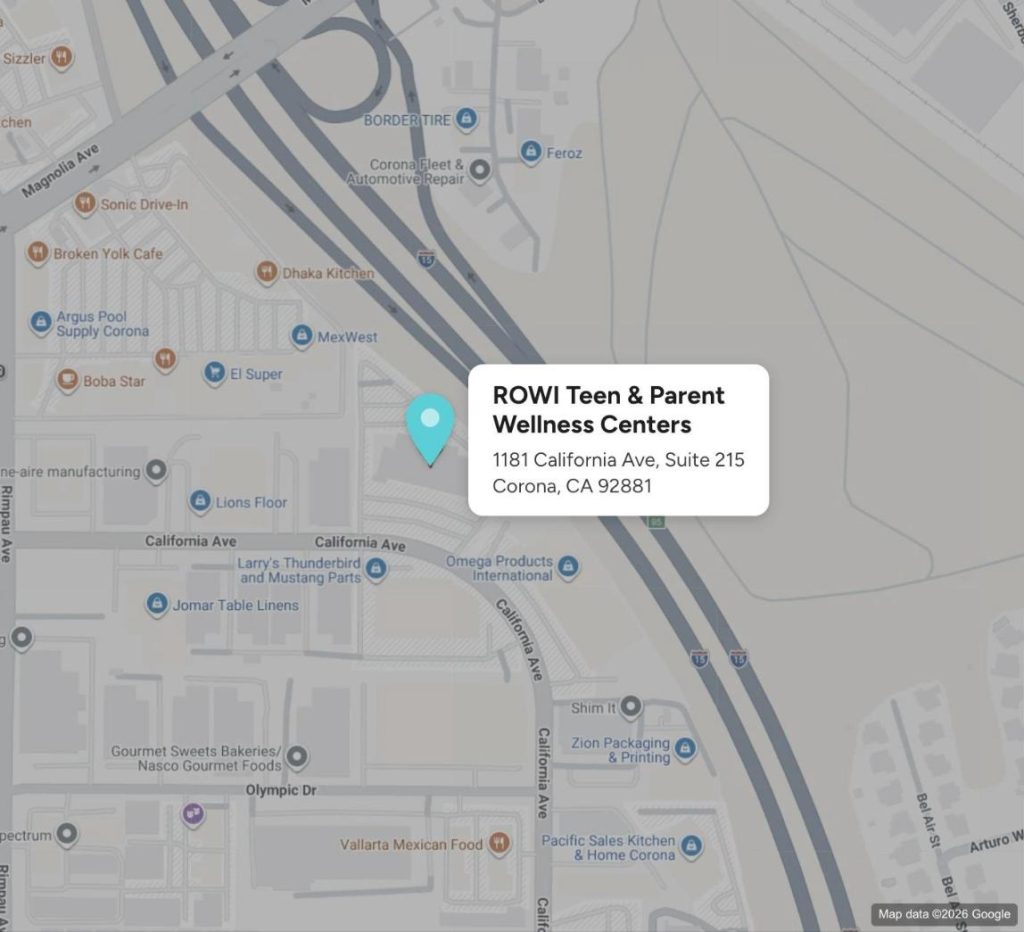 Map showing ROWI KIDS Corona at 1181 California Ave, Suite 215, Corona, CA 92881