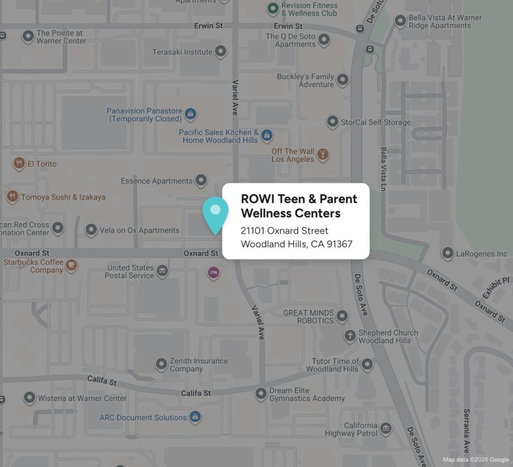 Map showing ROWI KIDS Woodland Hills at 21101 Oxnard Street, Woodland Hills, CA 91367